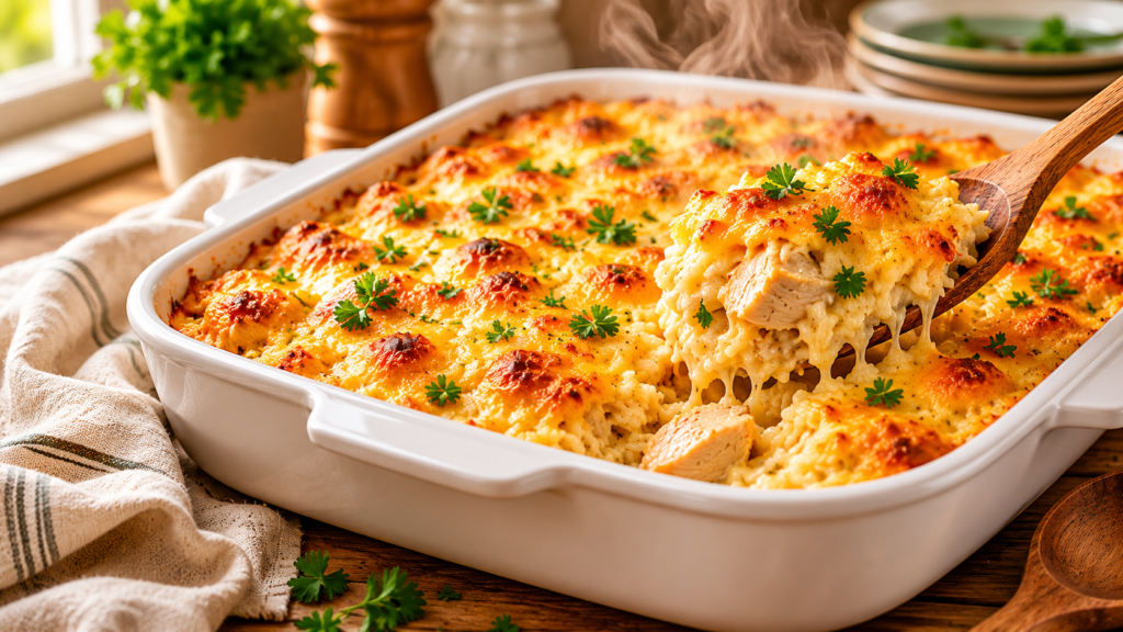 Cheesy chicken and rice casserole in a white baking dish with melted golden cheese, tender chicken, fresh parsley, and a serving spoon lifting a hot portion.