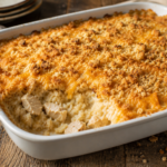 Old-fashioned chicken and rice casserole in a white baking dish