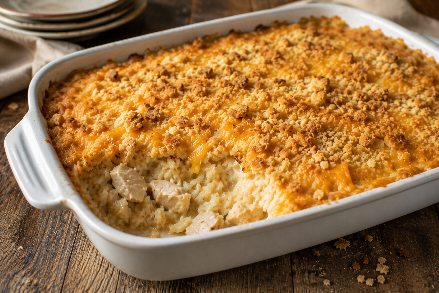 Old-fashioned chicken and rice casserole in a white baking dish