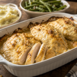 Melt In Your Mouth Chicken Breast baked in a white casserole dish with creamy Parmesan topping served with mashed potatoes and green beans.