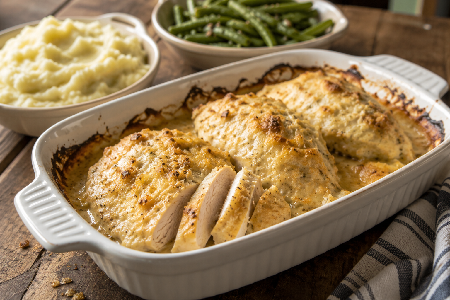 Melt In Your Mouth Chicken Breast baked in a white casserole dish with creamy Parmesan topping served with mashed potatoes and green beans.