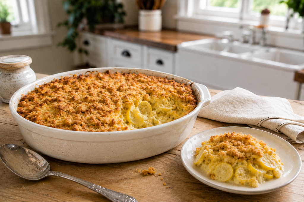 Old-fashioned Southern squash casserole with a buttery Ritz cracker topping